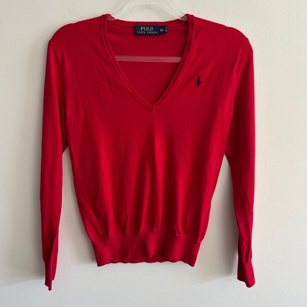 Polo Ralph Lauren Sweater Red XS V-Neck Cotton Blend Long Sleeve Pony Logo